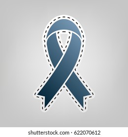 Black awareness ribbon sign. Vector. Blue icon with outline for cutting out at gray background.