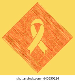 Black awareness ribbon sign. Vector. Red scribble icon obtained as a result of subtraction rhomb and path. Royal yellow background.