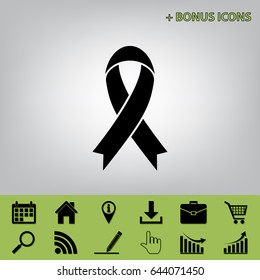 Black awareness ribbon sign. Vector. Black icon at gray background with bonus icons at celery ones