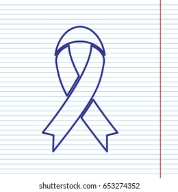 Black awareness ribbon sign. Vector. Navy line icon on notebook paper as background with red line for field.