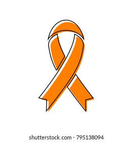 Black awareness ribbon sign. Vector. Black line icon with shifted flat orange filled icon on white background. Isolated.