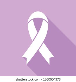 Black awareness ribbon sign. White Icon with long shadow at purple background. Illustration.