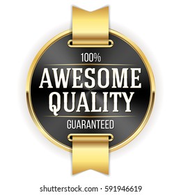 Black awesome quality badge / button with gold border and ribbon