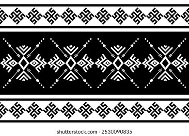 Black Aztec tribal culture seamless pattern background and fabric.