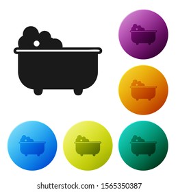Black Baby bathtub with foam bubbles inside icon isolated on white background. Set icons colorful circle buttons. Vector Illustration