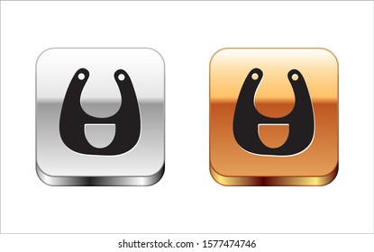 Black Baby bib icon isolated on white background. Silver-gold square button. Vector Illustration