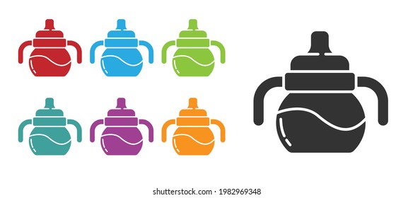 Icono de botella de Bebé negro aislado en fondo blanco. Icono del frasco de alimentación. Señal de botella de leche. Indique los iconos en colores. Vector