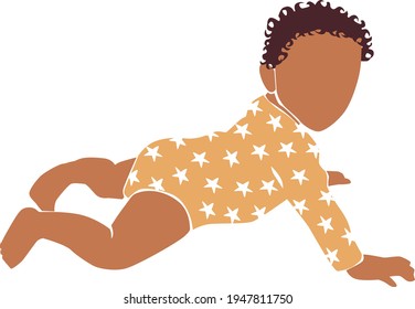 Black baby boy in sliders crawling on the white isolated background. Star romper suit.