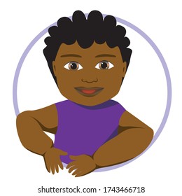 Black baby with brown eyes and curly hair is isolated on a white background for design as a logo or emblem. Cartoon stock vector illustration with african boy or girl as a kid character