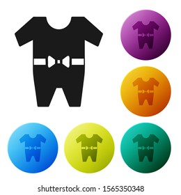 Black Baby clothes icon isolated on white background. Baby clothing for baby girl and boy. Baby bodysuit. Set icons colorful circle buttons. Vector Illustration