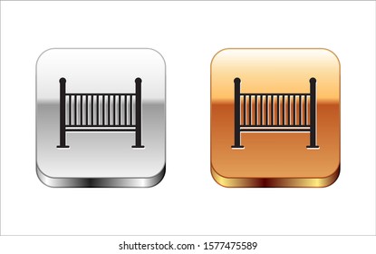 Black Baby crib cradle bed icon isolated on white background. Silver-gold square button. Vector Illustration