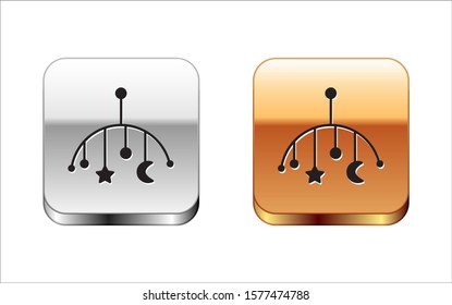 Black Baby crib hanging toys icon isolated on white background. Baby bed carousel. Silver-gold square button. Vector Illustration