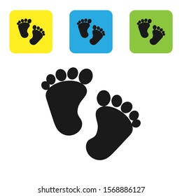 Black Baby footprints icon isolated on white background. Baby feet sign. Set icons colorful square buttons. Vector Illustration