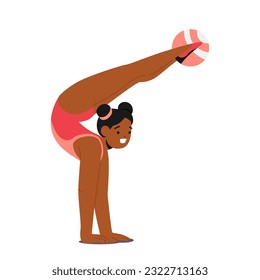 Black Baby Girl Gymnast Character Showcasing Her Skills With Grace And Precision, Confidently Manipulating A Ball As She Performs Various Gymnastic Routines. Cartoon People Vector Illustration