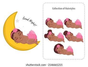Black Baby Girl Sleeping Collection Cartoon Character Vector