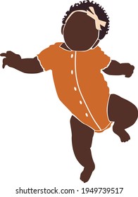 Black baby girl in sliders laying on the white isolated background. Orange romper suit. Afro baby.	