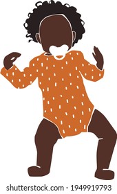 	
Black baby girl in sliders with a pacifier laying on the white isolated background. Orange romper suit. Afro baby.	