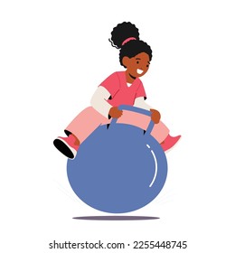 Black Baby Jump on Fitball. Funny Kid Girl Jumping on Fitness Ball Isolated on White Background. Little Child Character Amusement, Fun or Competition. Cartoon People Vector Illustration