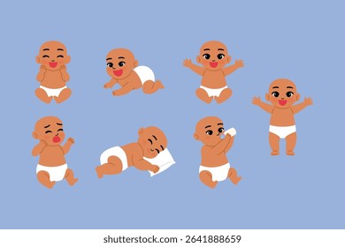 black baby is learning to crawl. cute toddler wearing diapers, happy child drink milk from milk bottle, adorable infant cry, newborn sleep with pillow, cute baby character sit and stand illustration