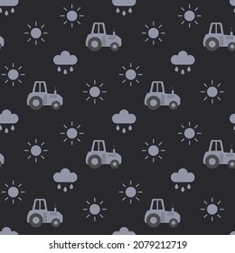 Black baby pattern with tractor on farm. Seamless ornament with ranch cars. Dark texture for creating designs of kids fabrics for wear, bag. Wallpaper with village vehicle for boys. Flat illustration.