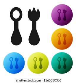 Black Baby plastic cutlery with fork and spoon icon isolated on white background. Cutlery for kid. Childrens dining items. Set icons colorful circle buttons. Vector Illustration