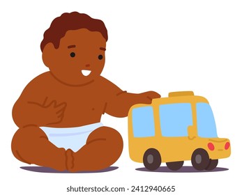 Black Baby Playing mit Spielzeug, winzige Hände entdecken ein lebendiges Auto. Freude funkelt in neugierigen Augen, fröhlich putzen und rollen das bunte Fahrzeug über den Boden. Vektorgrafik von Cartoon People