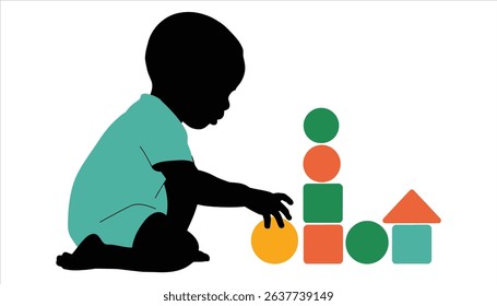 Black Baby Silhouette Playing with Educational Toys Vector Illustration