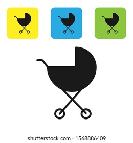 Black Baby stroller icon isolated on white background. Baby carriage, buggy, pram, stroller, wheel. Set icons colorful square buttons. Vector Illustration