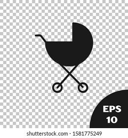 Black Baby stroller icon isolated on transparent background. Baby carriage, buggy, pram, stroller, wheel.  Vector Illustration