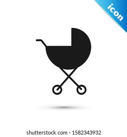 Black Baby stroller icon isolated on white background. Baby carriage, buggy, pram, stroller, wheel.  Vector Illustration