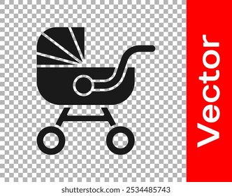 Black Baby stroller icon isolated on transparent background. Baby carriage, buggy, pram, stroller, wheel.  Vector