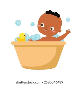 black baby washing. African american happy toddler have bath. Newborn child, Little kid have fun in bubble in water with duck rubber toy