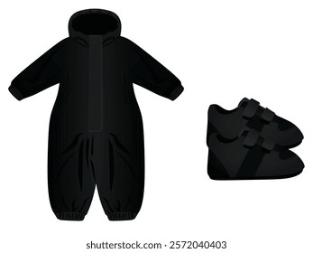 Black baby winter suit and shoes. vector illustration