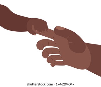 black baby's hand holds father by the finger. children and parents, father's day concept. vector illustration on a white background