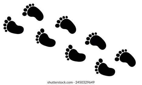 Black baby's prints footpath. Kids feet footprints silhouette. Childhood or baby shower theme. Vector isolated illustration on white background.