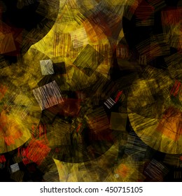 Black backdrop. Dark golden square patches of strokes and circles. Abstract vector pattern. Easy editing. Watercolor effect.