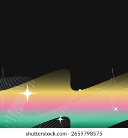 Fundo preto com ondas brilhantes e luz de gradiente de arco-íris ondulado, fundo de funk abstrato 