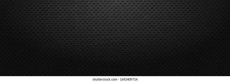 Black backdrop with oval slits. Dark background with rounded holes. Scratched and perforated metal surface. Modern geometric banner design template. Monochrome vector illustration.