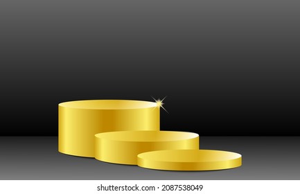 Black background and 3 empty 3D gold podiums of different height to showcase luxury shopping products. 