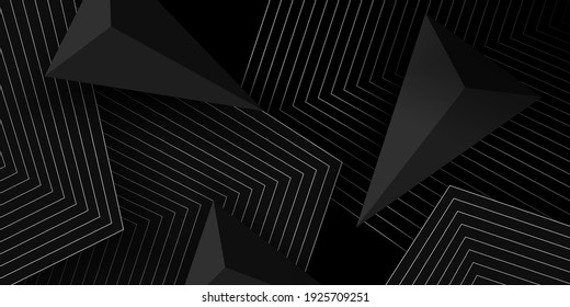 Black background 3D. Festive banner with geometric shapes. Layered backdrop. Vector illustration in paper cut style. Elegant decoration. Luxury design flyer, cover, wallpaper.