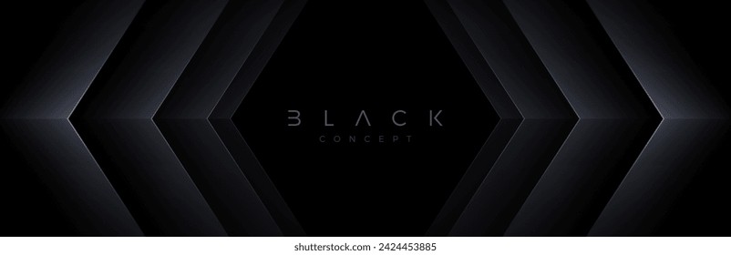 Black background with 3d layered abstract shape. Minimal template design. Vector illustration,