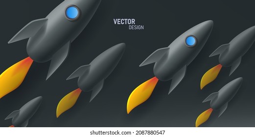 Black background with 3d black render rockets with bright flame flying diagonally, vector design