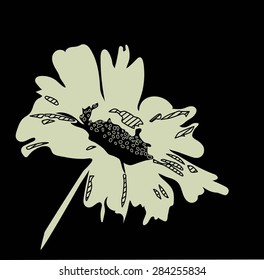 black background with abstract block print daisy flower illustration design. for fashion and graphic design. t shirt print, poster, wallpaper, fabric pattern with screen printing