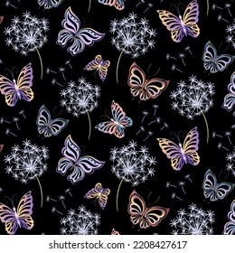 Black background with abstract butterflies.Vector pattern with abstract butterflies and dandelions on a black background.