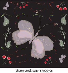 Black background with abstract butterfly, cherry and leafs
