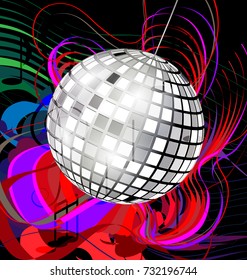 black background with abstract colored image of music and specular disco ball