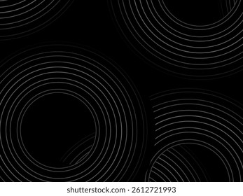 Black background with abstract design of black and white gradient circular stripes. The 3d circular pattern consists of repeating curved lines, creating a sense of movement and depth.