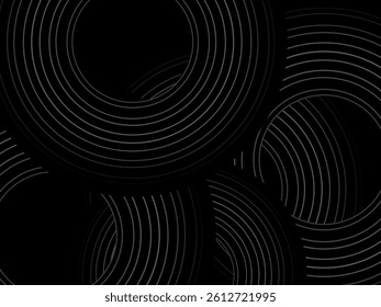Black background with abstract design of black and white gradient circular stripes. The 3d circular pattern consists of repeating curved lines, creating a sense of movement and depth.