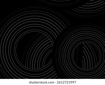 Black background with abstract design of black and white gradient circular stripes. The 3d circular pattern consists of repeating curved lines, creating a sense of movement and depth.