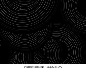 Black background with abstract design of black and white gradient circular stripes. The 3d circular pattern consists of repeating curved lines, creating a sense of movement and depth.